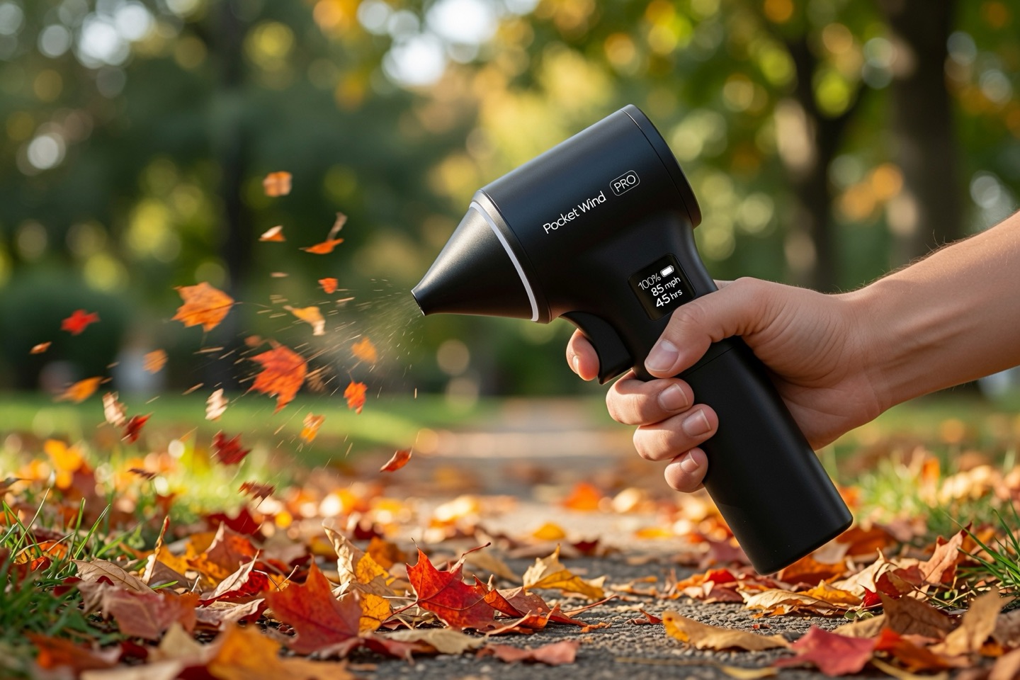 Pocket Wind Pro held in one hand, sending fallen leaves off a park path